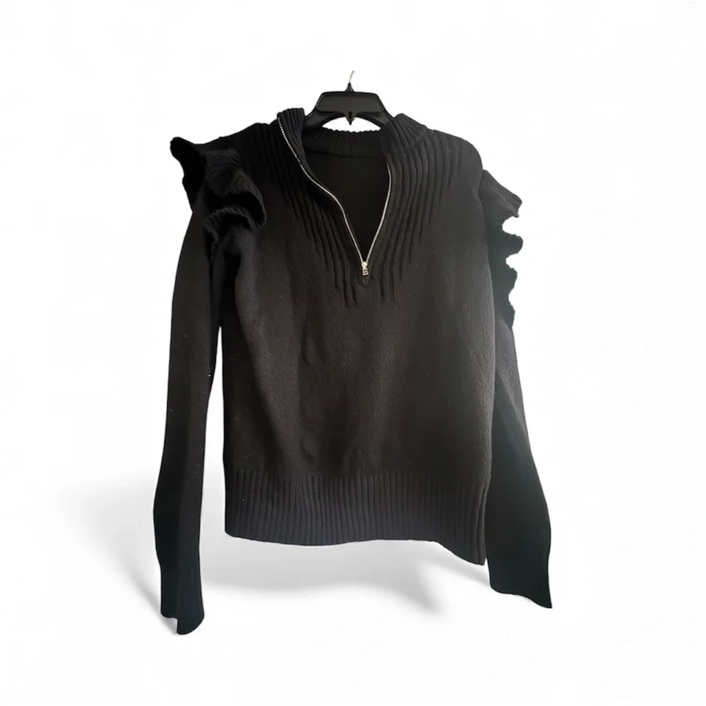Black Women's Sweater with Ruffle Details - Picture 2 of 9